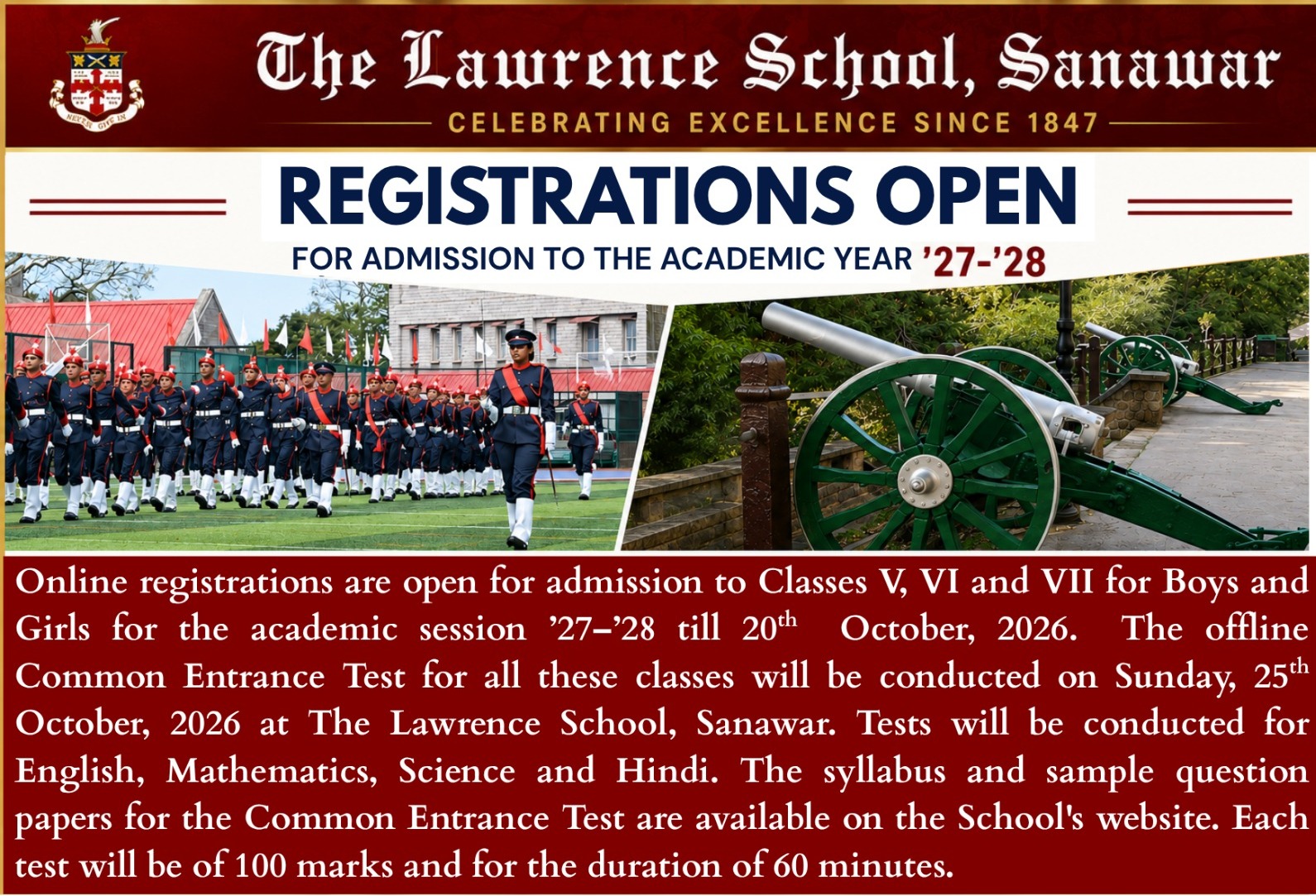 REGISTRATIONS OPEN FOR ADMISSION TO THE ACADEMIC YEAR ’27–’28